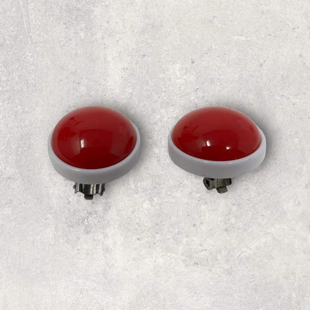 Red White Earrings Round Button Vintage Made in‎ Hong Kong 1960s Retro